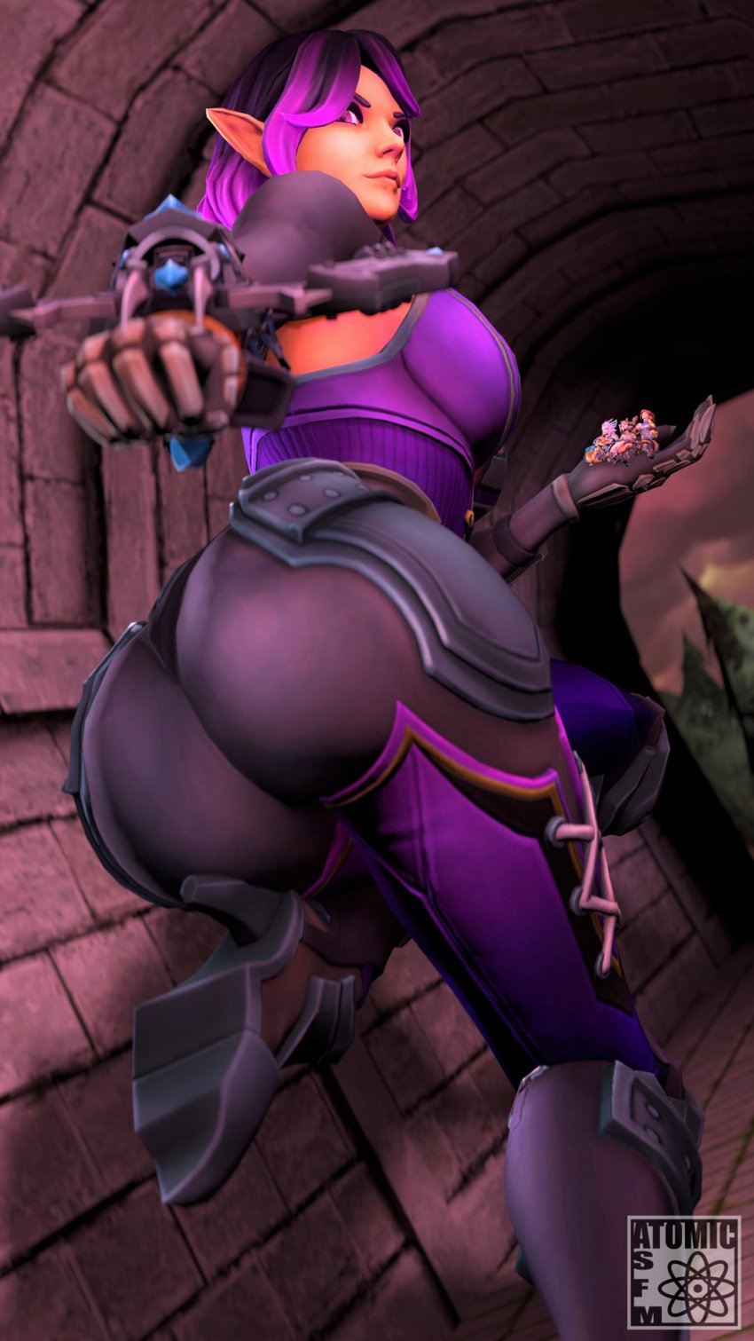 2boys 3d 3girls ass atomicsfm big_ass breasts crossbow furia_(paladins) io_(paladins) looking_at_viewer miniboy minigirl multiple_girls paladins pip_(paladins) purple_eyes purple_hair skye_(paladins) talus_(paladins) weapon