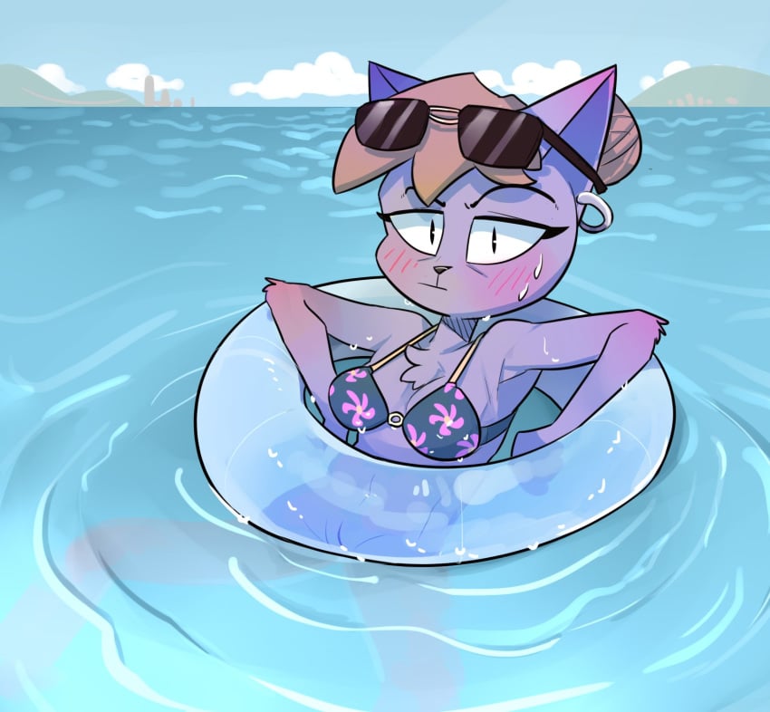 anthro beach bikini blush bodily_fluids bottomless catmom_(character) clothed clothing domestic_cat duo eyewear felid feline felis female genitals hi_res inflatable inner_tube mammal passigcamel pussy sea seaside solo sunglasses sweat swimwear water