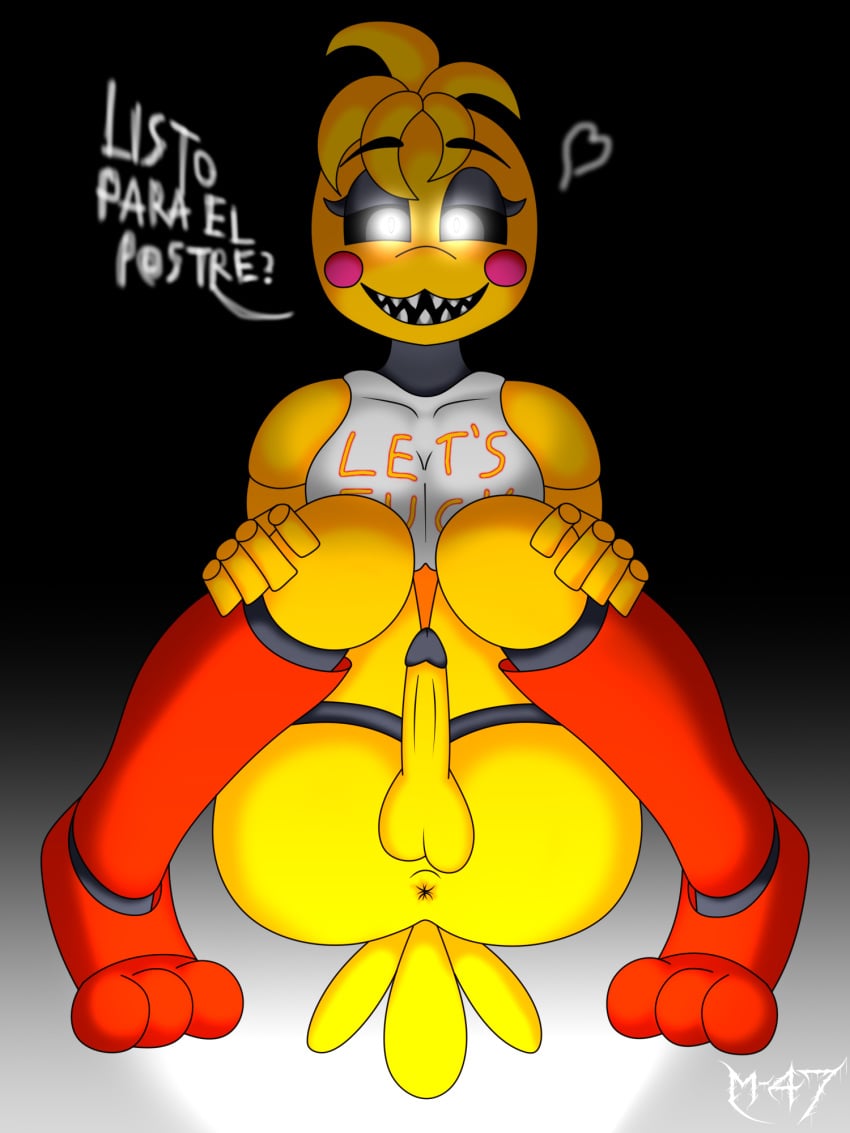 3:4 animatronic anthro anus avian balls bird bottomless breasts chicken clothed clothing erection five_nights_at_freddy's five_nights_at_freddy's_2 futa_only futa_sans_pussy futanari galliform gallus_(genus) genitals hi_res intersex m-47 machine metal_penis non-mammal_breasts penis phasianid robot solo solo_female taint toy_chica_(fnaf) video_games