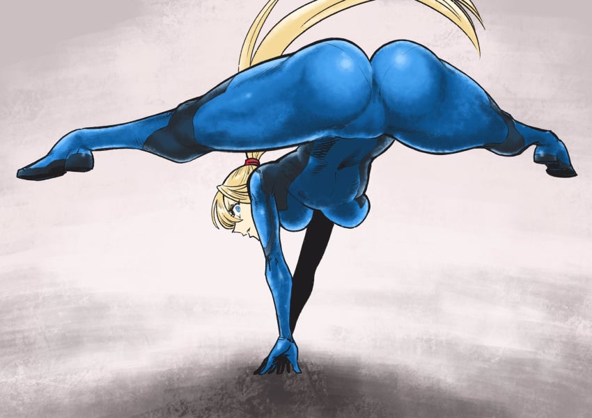 1girls ass ass_focus big_ass big_breasts big_butt bimbo blonde_hair blue_eyes breasts eye_contact female female_protagonist long_hair looking_at_viewer looking_back metroid nintendo ponytail presenting presenting_hindquarters samus_aran spread_legs thick_thighs tsunamino_yuu zero_suit zero_suit_samus