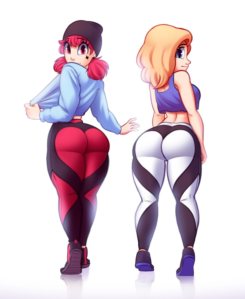 2girls ass blonde_hair blue_eyes breasts cassidy_(saymanart) eye_contact female female_only huge_ass large_breasts leggings looking_at_viewer looking_back original original_character pale-skinned_female pale_skin red_eyes red_hair saymanart sideboob thick_ass thick_thighs thighs vinyl_(saymanart) wide_hips yoga_pants