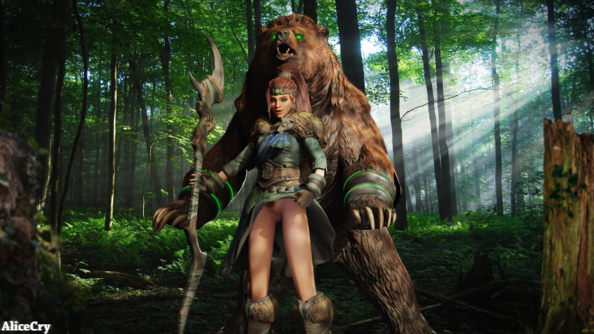 alicecry artio_(smite) bear braided_hair earrings forest ginger nature pubic_hair pussy red_hair smite staff trees