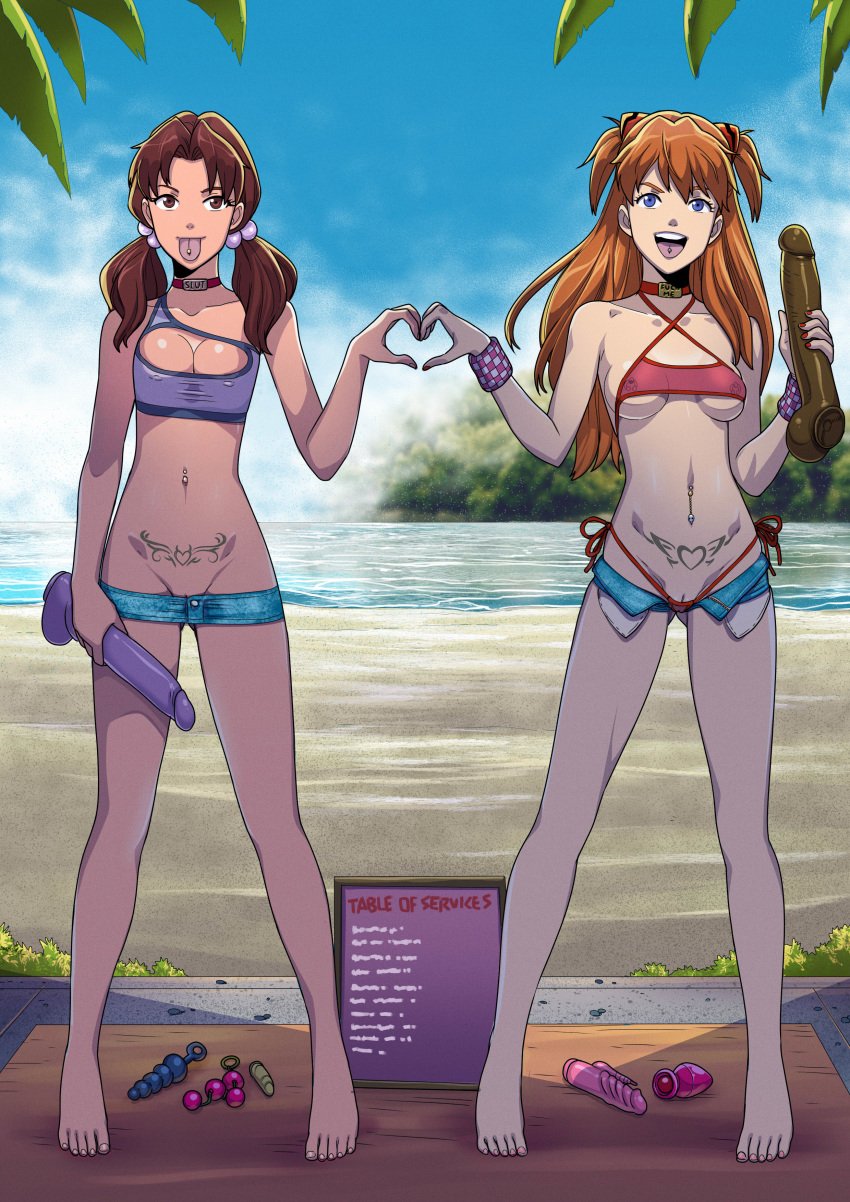 2girls alternate_version_available asuka_langley_sohryu barefoot beach blue_eyes breasts brown_eyes cleavage clit_peek clitoris_peek clothing collar covered_nipples dildo feet female female_only hikari_horaki holding_dildo long_hair looking_at_viewer medium_breasts microskirt multiple_girls nail_polish naughty_face navel_piercing neon_genesis_evangelion nipple_bulge nipple_piercing no_panties open_mouth outdoors panties partially_undressed pubic_tattoo pussy pussy_peek revealing_clothes sex_toy sexually_suggestive short_shorts shorts side_tie_panties skirt slut_collar tagme tattoo teenager tekuho thighs toenail_polish tongue_out tongue_piercing twintails underboob whale_tail