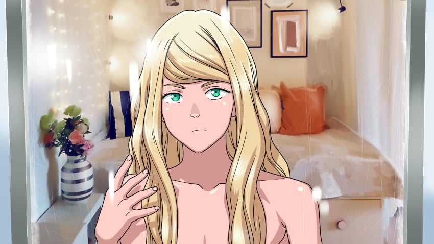 1boy 1femboy alex_(tekuho) androgynous blonde_hair femboy feminine_male girly green_eyes human human_only looking_at_viewer looking_in_mirror male original solo solo_male teenager tekuho trap