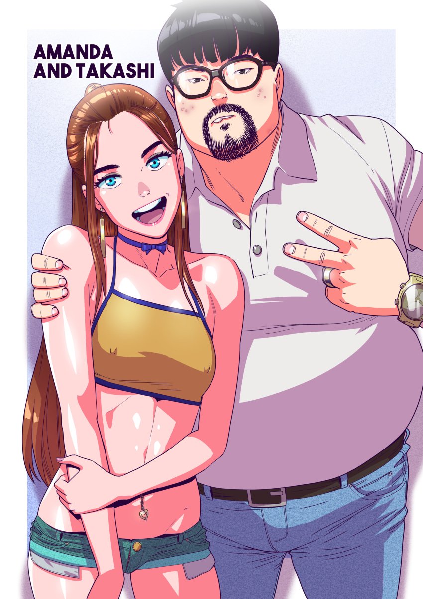 1boy 1girls amanda_(tekuho) blue_eyes brown_hair female human human_only long_hair makeup male male/female male_on_female mascara nipple_bulge original short_shorts shorts skimpy skimpy_clothes small_breasts straight tagme teenager tekuho ugly_man