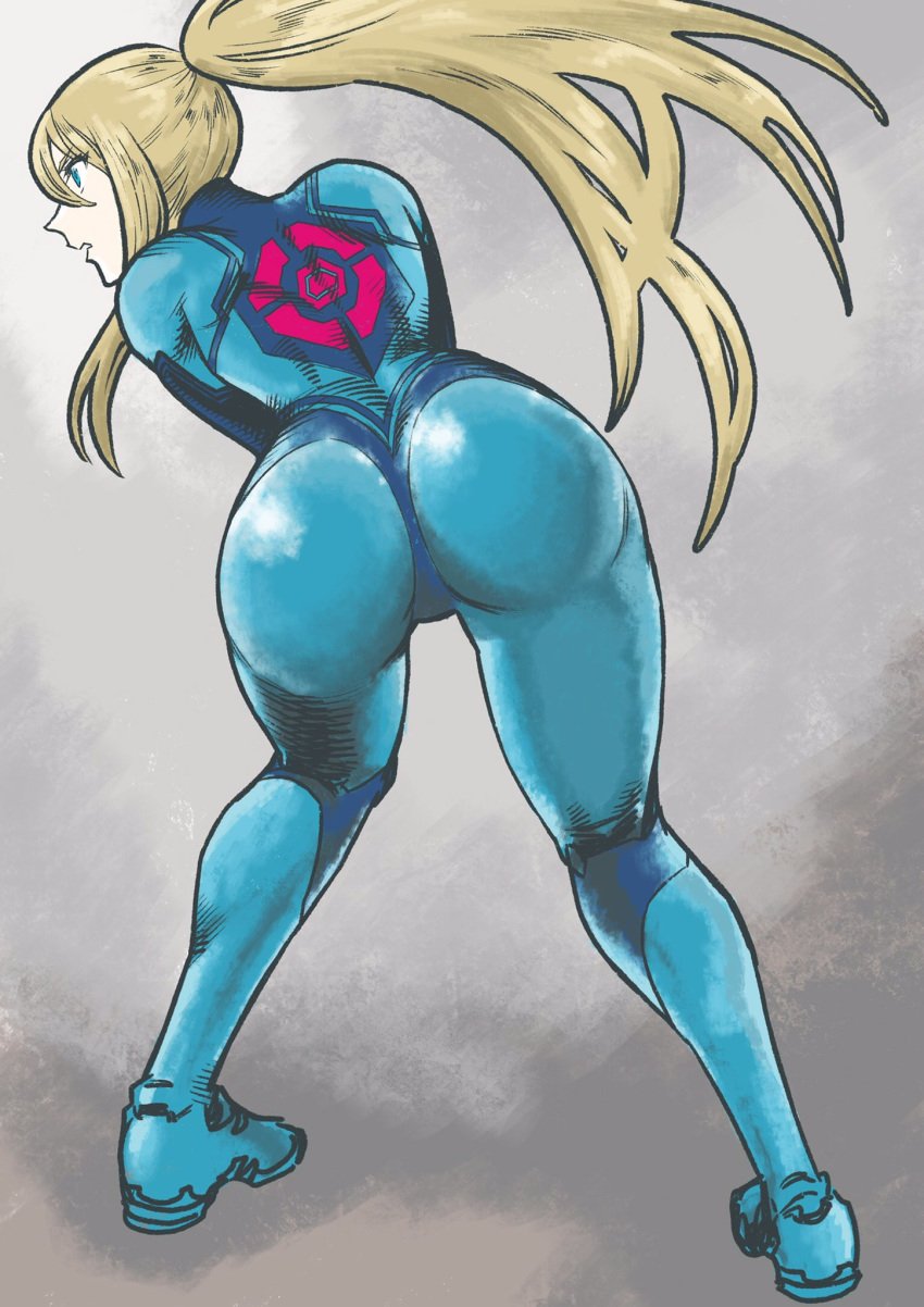 1girls ass ass_focus big_ass blonde_hair blue_eyes female female_protagonist metroid nintendo pale-skinned_female pale_skin ponytail samus_aran thick_thighs thighs tight_clothing tsunamino_yuu zero_suit zero_suit_samus