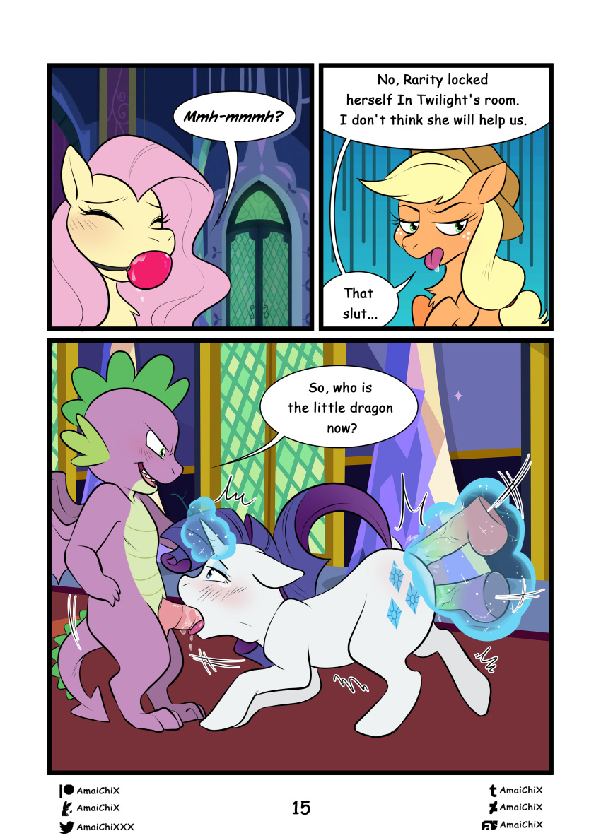 absurd_res all_three_filled amaichix anal applejack_(mlp) ball_gag blush bodily_fluids comic deviantart_username dialogue dildo dragon english_text equid equine fellatio female friendship_is_magic furaffinity_username gag gagged hasbro hi_res horn inkbunny_username lust_in_a_glass magic male mammal masturbation my_little_pony oral page_15 patreon_username penile rarity_(mlp) saliva semi-anthro sex sex_toy smooth_skin spike_(mlp) straight telekinesis text tumblr_username twitter_username unicorn vaginal_penetration