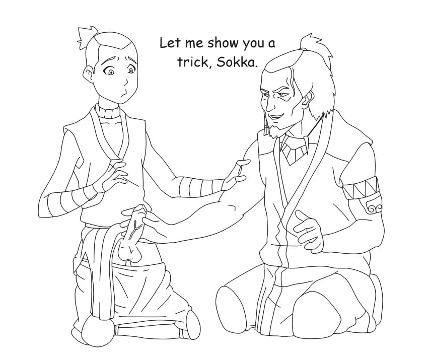 2boys avatar_legends avatar_the_last_airbender bara clothed clothing daddy_kink dubious_consent english_text erection father_and_son gay groping hakoda handjob incest kneeling lesson line_art male male/male male_only masturbation older_man_and_younger_boy sokka teaching text water_tribe