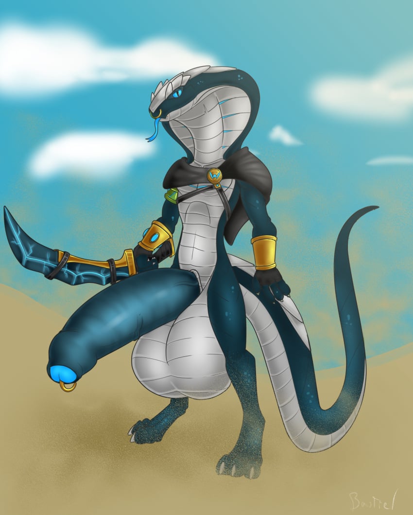 anthro balls bastiel big_balls big_penis blizzard_entertainment clothed clothing foreskin genital_piercing genitals half-erect hi_res huge_balls huge_cock hyper hyper_balls hyper_genitalia hyper_penis male male_only melee_weapon partially_clothed penis penis_piercing piercing reptile scalie sethrak snake solo solo_focus sword video_games warcraft weapon