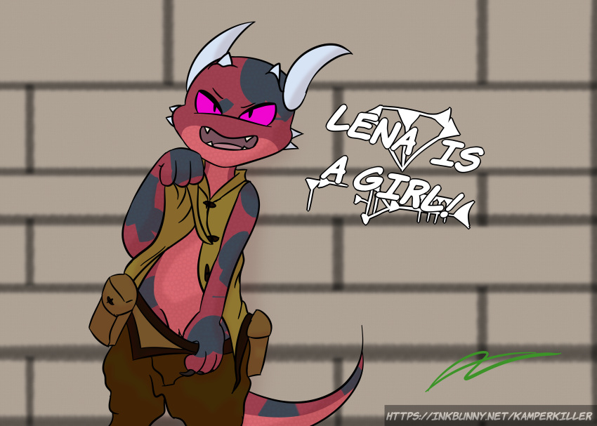 absurd_res anthro clothed clothing cuneiform exposed female flashing hi_res kamperkiller_(artist) kobold lena_the_kobold pants_down partially_clothed solo text