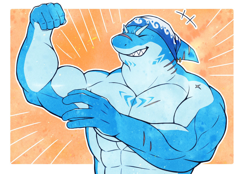 abs anthro bandana biceps clothed clothing fish flexing grin hi_res isaribi_(live_a_hero) kerchief live-a-hero male male_only marine muscular muscular_anthro muscular_male nagisabus pecs scar shark sharp_teeth smile solo teeth topless video_games