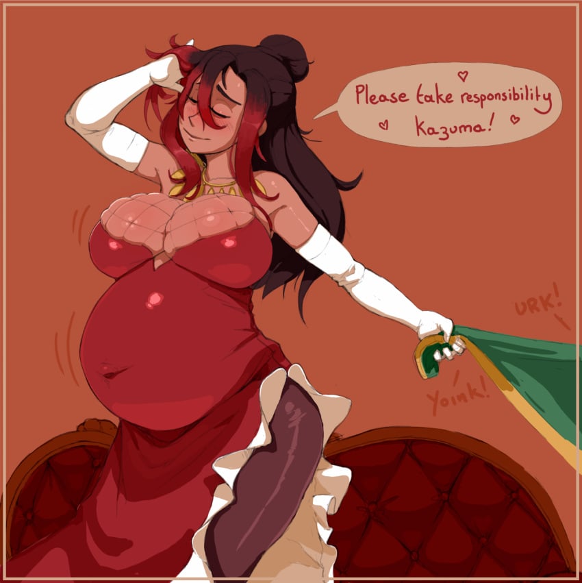 1futa 1girls belly big_belly big_breasts black_hair breasts cleavage clothed dark-skinned_female dark_skin eyes_closed female fishnet futanari huge_belly huge_breasts kono_subarashii_sekai_ni_shukufuku_wo! large_breasts navel_bulge pregnant pregnant_futa ready_to_pop red_hair skindentation solo_female solo_focus susfishous sylvia_(konosuba) take_responsibility thighs