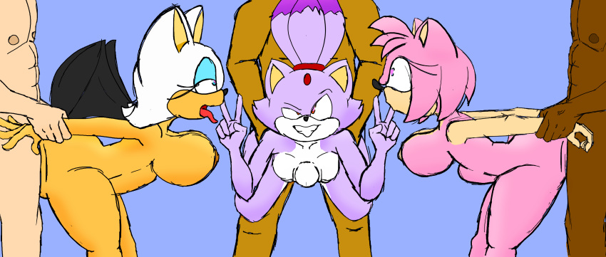 ahe_gao amy_rose anthro arm_grab arm_pull balls_deep blaze_the_cat coloured dark-skinned_male eyes_half_open female_focus grabbing_waist heart-shaped_pupils human human_on_anthro impossible_fit light-skinned_male male_penetrating novice_artist orgy peace_sign pink_fur purple_fur rouge_the_bat simple_background sir_cums_a_lot sketch sonic_(series) stomach_bulge suspended_in_midair tongue_out white_fur wide_eyed