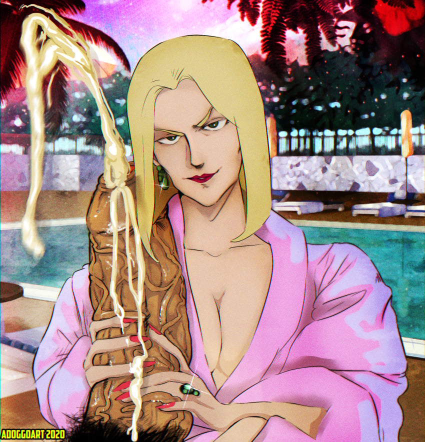 1boy 1girls 2020 adoggoart beach breasts catherine_(gundam) cleavage cumshot disguise female femdom foreskin gundam handjob human hyper_penis kycilia_zabi large_breasts light-skinned_female light_skin long_hair looking_at_viewer male mature mature_woman mobile_suit_gundam older_female painted_nails penis pool robe semen small_dom_big_sub solo_focus thick_penis two-handed_handjob uncut unseen_male_face veiny_penis villainess yellow_cum