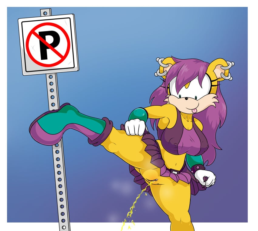 anthro archie_comics bodily_fluids clitoral_hood clitoris clothing female genital_fluids genitals hi_res mammal mina_mongoose on_one_leg peeing pussy raised_leg sign silly silly_face simple_background skirt solo sonic_(series) sonic_the_hedgehog_(archie) sonic_the_hedgehog_(comics) sonic_the_hedgehog_(series) standing tinydevilhorns tongue tongue_out urine watersports