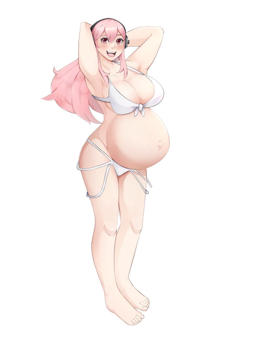 1girls barefoot big_breasts breasts claraspregs cleavage feet female female_only huge_belly large_breasts pregnant pregnant_belly ready_to_pop solo super_sonico toes