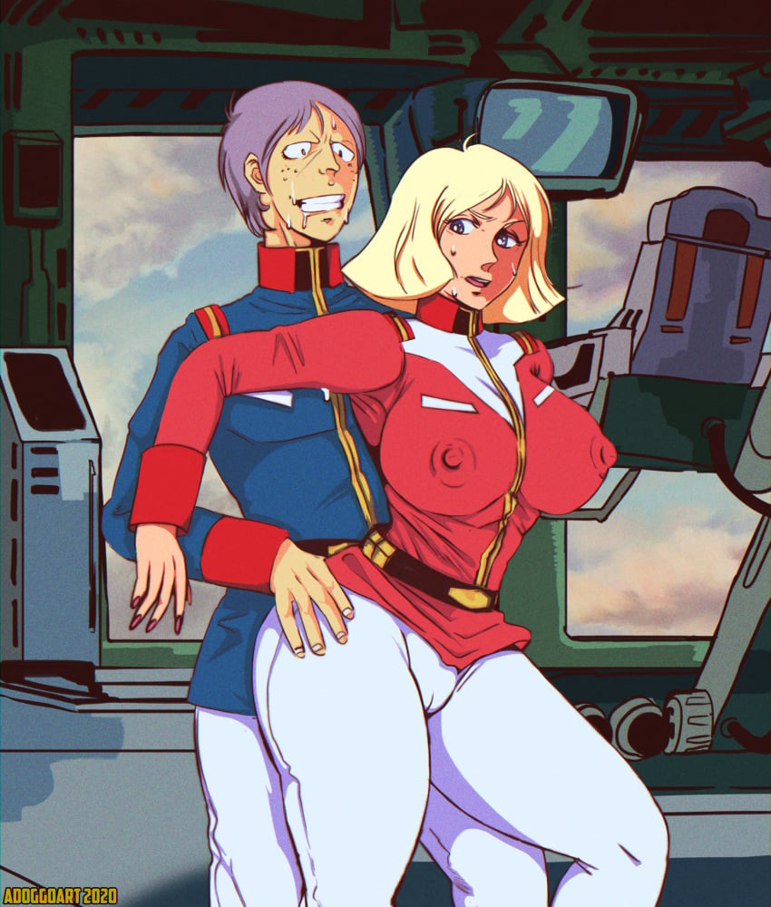 1boy 1girls 2020 adoggoart areolae big_ass big_breasts blonde_hair breasts cameltoe earth_federation female groping groping_from_behind gundam human kai_shiden large_breasts light-skinned_female light_skin male military_uniform mobile_suit_gundam painted_nails sayla_mass short_hair uniform