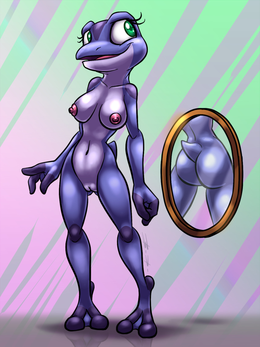 2020 3:4 amphibian anthro ass bassy_wolfeh big_breasts big_butt breasts female frog front_view genitals green_background green_eyes hi_res looking_away looking_up membrane_(anatomy) mirror nipples nude open_mouth pattern_background pink_nipples purple_background purple_body purple_skin pussy rear_view sarina_(ultilix) short_tail simple_background solo standing striped_background unusual_pupils webbed_feet