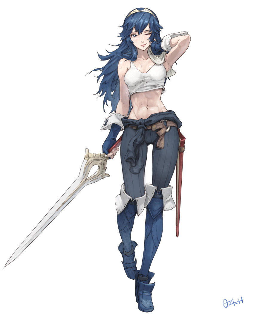 1girls abs arm_up armpits bangs belt blue_eyes blue_footwear blue_gloves blue_hair brown_belt closed_mouth crop_top falchion_(fire_emblem) female female_only fingerless_gloves fire_emblem fire_emblem_awakening full_body gloves gluteal_fold highres holding holding_sword holding_weapon long_hair lucina_(fire_emblem) midriff navel nintendo one_eye_closed ozkh ozkh6 pink_lips scabbard signature smile solo standing stomach sweat sword tank_top tiara tied_sweater towel weapon white_background white_towel wrist_cuffs