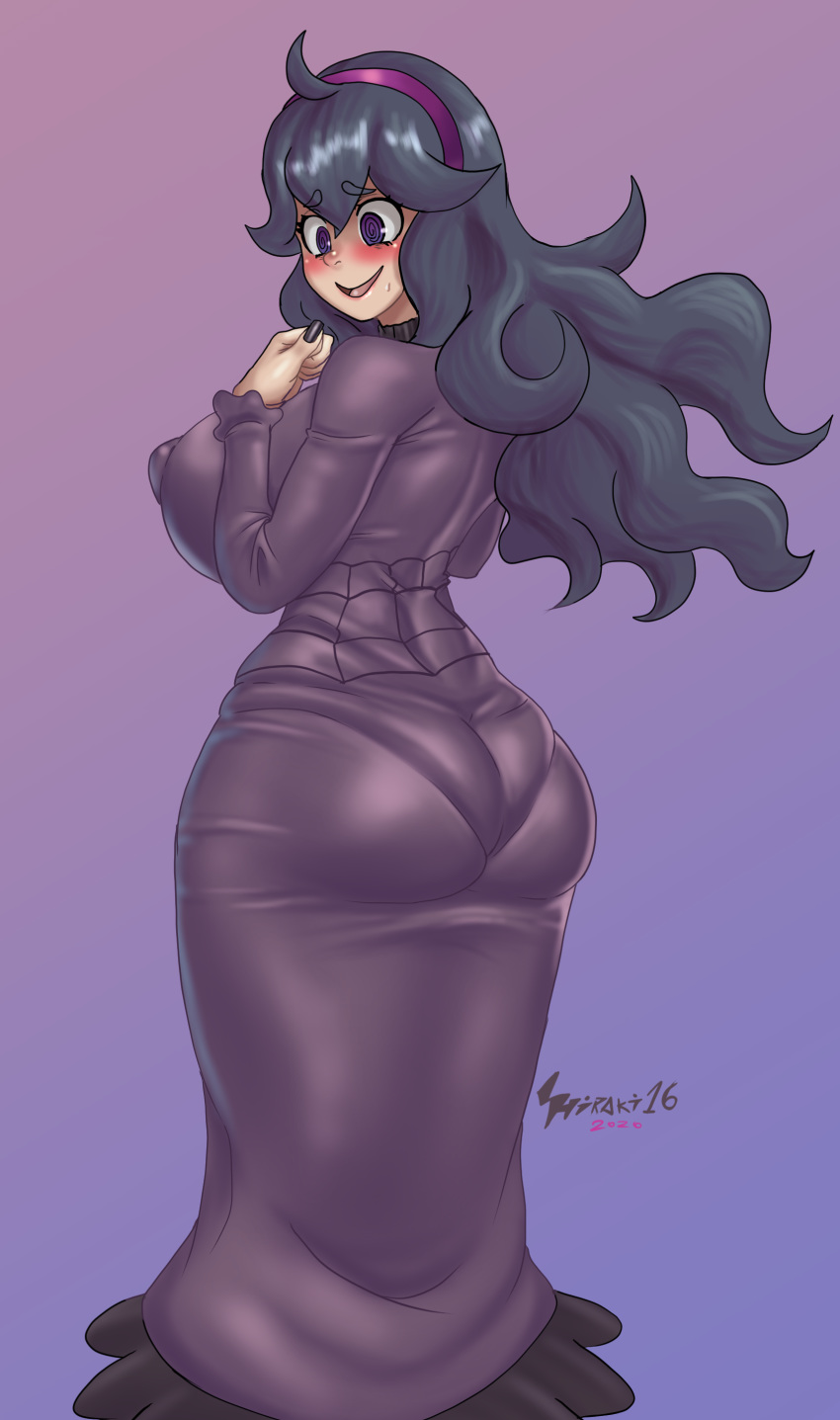 1girls 2020 ass big_ass big_breasts blush dated female goth hairband hex_maniac hirakiart huge_breasts large_breasts nintendo nipple_bulge pale-skinned_female pale_skin pokemon pokemon_xy purple_background purple_eyes purple_hair purple_nails solo