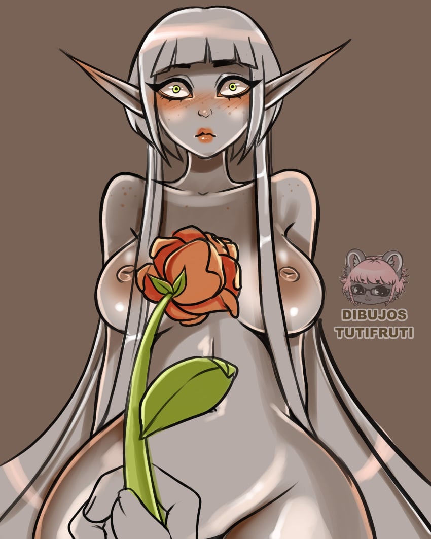 absurd_res breasts elf female flower grey_body hi_res humanoid looking_at_viewer nude plant sextember solo tutifruti_(artist)