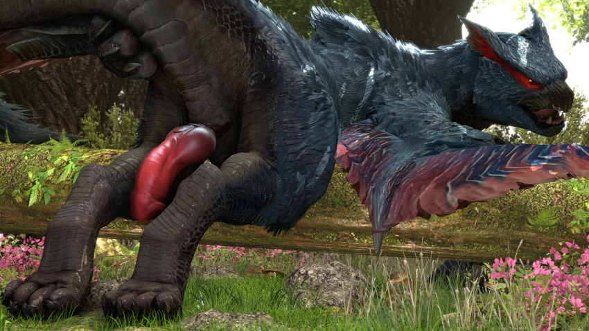 16:9 3d 4_toes ass barlu capcom claws dragon erection feral flower flying_wyvern fungus fur genitals grass hi_res licking licking_lips looking_at_viewer looking_back looking_pleasured male male_only monster_hunter mushroom nargacuga pawpads paws penis plant pupils raised_tail rock scales scalie slit_pupils solo source_filmmaker tail_grab teeth throbbing_penis toe_claws toes tongue tongue_out tree video_games widescreen wings wyvern