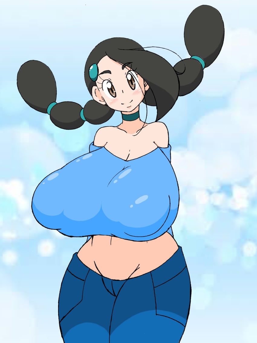 1girls bare_shoulders black_hair blush breasts brown_eyes cameltoe candice_(pokemon) choker female female_only huge_breasts nintendo nuruudon pale-skinned_female pale_skin pants pokemon pokemon_dppt short_hair smile solo solo_female standing thick_thighs twintails wide_hips