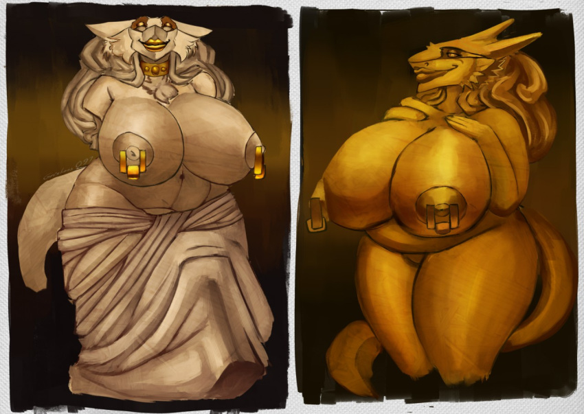 anthro breasts collar female gold_(metal) grishnax hand_on_breast lips mature_female nipple_piercing nipples overweight overweight_anthro overweight_female piercing sculpture sergal smile solo statue thick_lips venus_(djpuppeh)