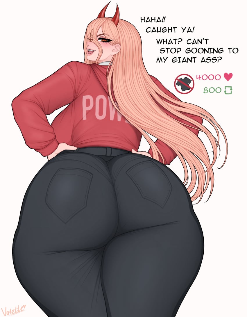 1girls ass ass_bigger_than_head ass_focus blonde-haired_female blonde_female blonde_hair chainsaw_man clothed clothes huge_ass huge_breasts huge_butt huge_thighs light_skin long_hair looking_at_another looking_at_viewer looking_back looking_down pants pink_hair power_(chainsaw_man) solo solo_female solo_focus strip_game thick thick_ass thick_butt thick_hips thick_legs thick_thighs viewed_from_behind viewed_from_below vo1ette
