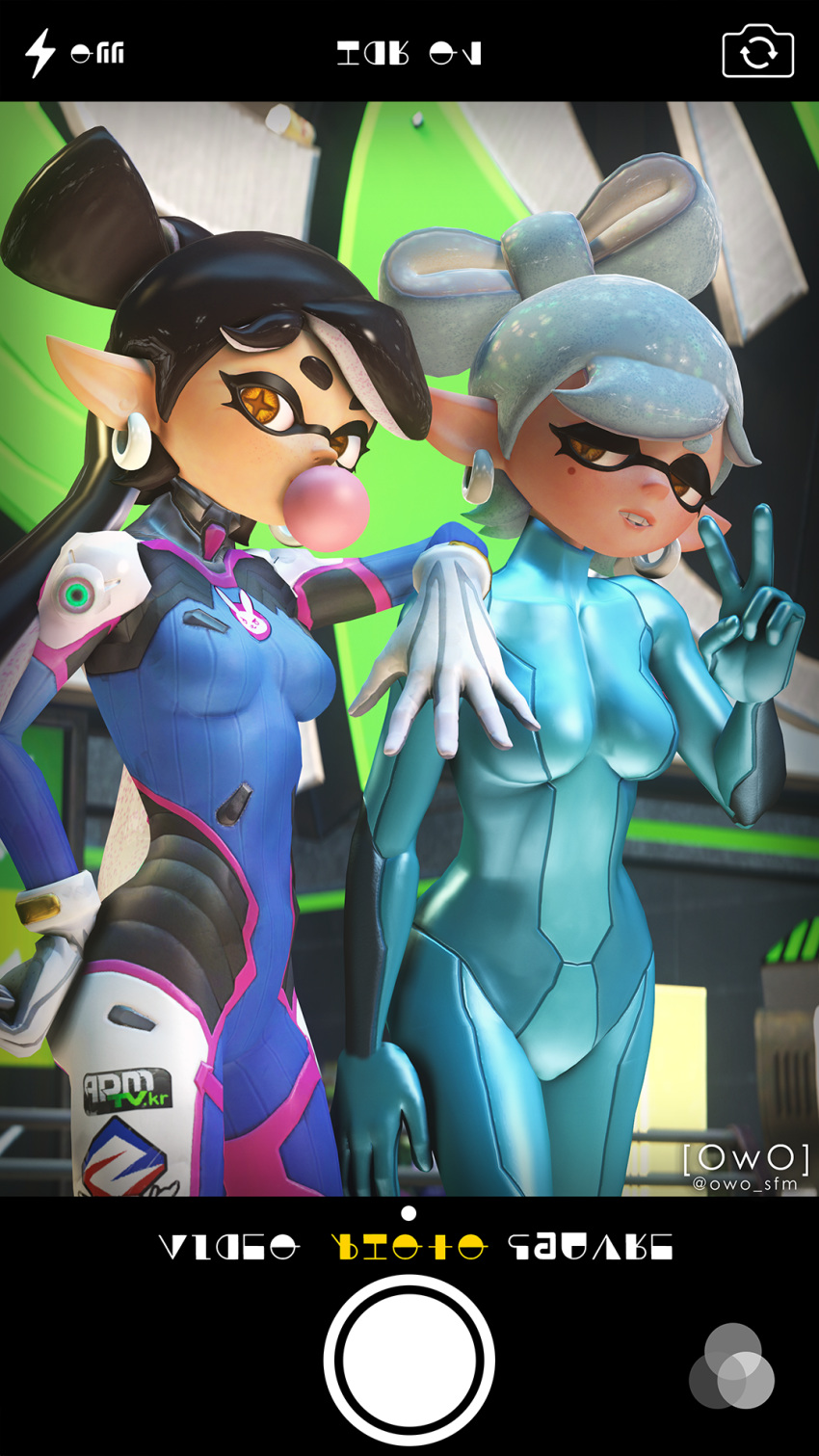 2girls 3d black_hair blizzard_entertainment bodysuit breasts bubble_gum callie_(splatoon) cephalopod cephalopod_humanoid clothed cosplay d.va earrings fangs female hand_on_hip hand_on_shoulder hi_res light_skin looking_at_viewer marie_(splatoon) marie_(wo262) metroid nintendo overwatch owo_sfm peace_sign phone_screen png pointy_ears pose samus_aran_(cosplay) splatoon squid_sisters standing star_shaped_pupils tight_clothing watermark white_hair yellow_eyes zero_suit