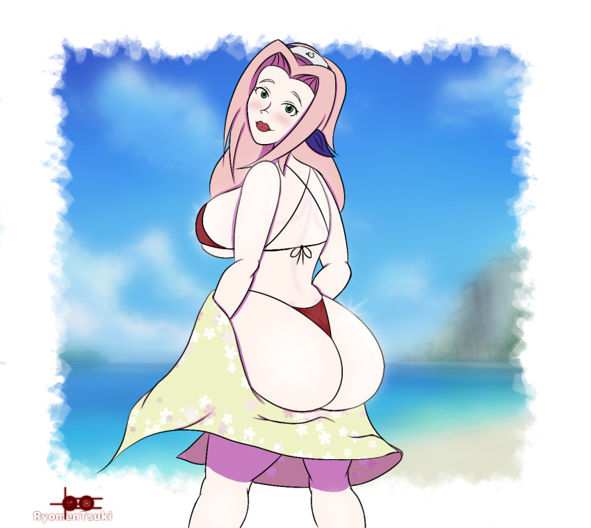 ahe_gao ass beach bikini closed_eyes eyes_half_open eyes_rolling_back hair lingerie long_hair naruto naruto_(classic) pink_hair pleasure_face ryomentsuki sakura_haruno slime thong thong_bikini tongue tongue_out white_skin