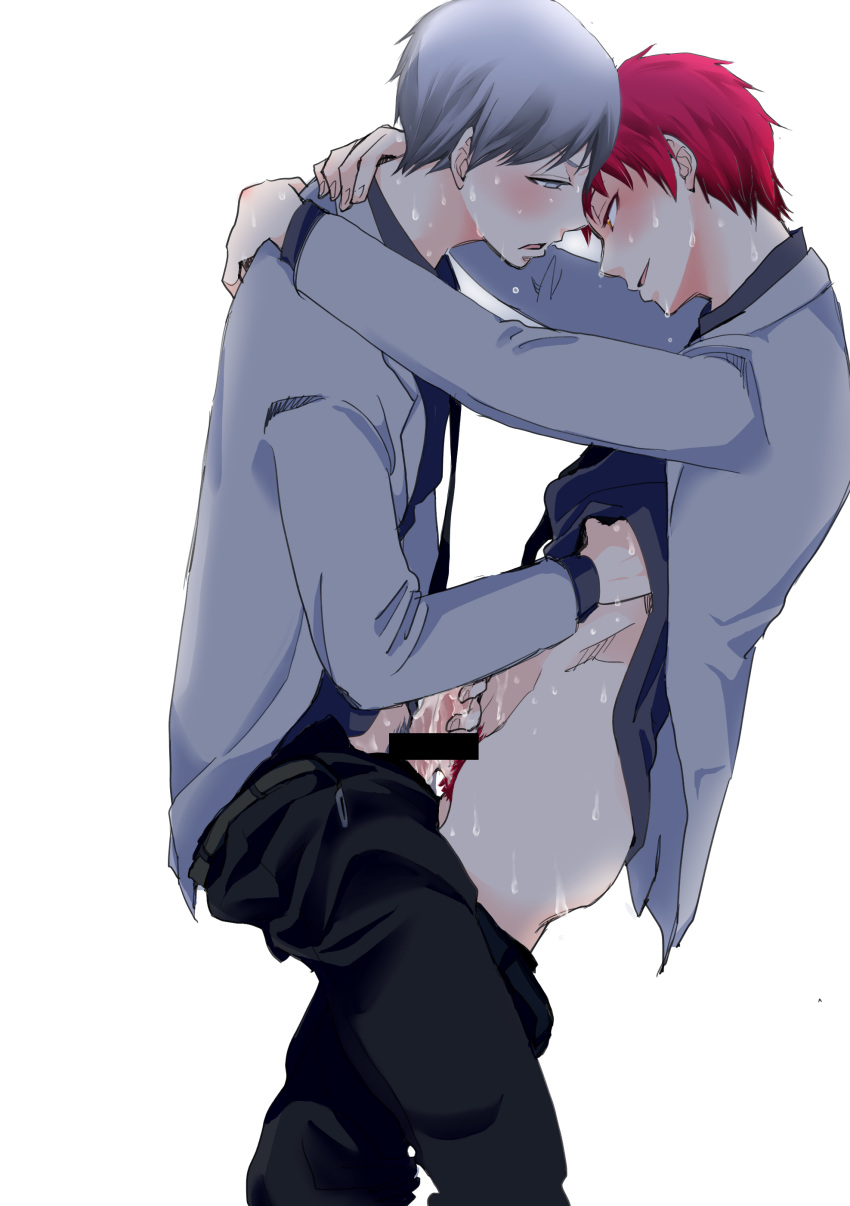 2boys age_difference censored_penis clothed clothing grey_hair kuroko_no_basuke male male/male male_only mayuzumi_chihiro penis penis_grab penis_out red_hair school_uniform seijuro_akashi short_hair sweat white_background yaoi