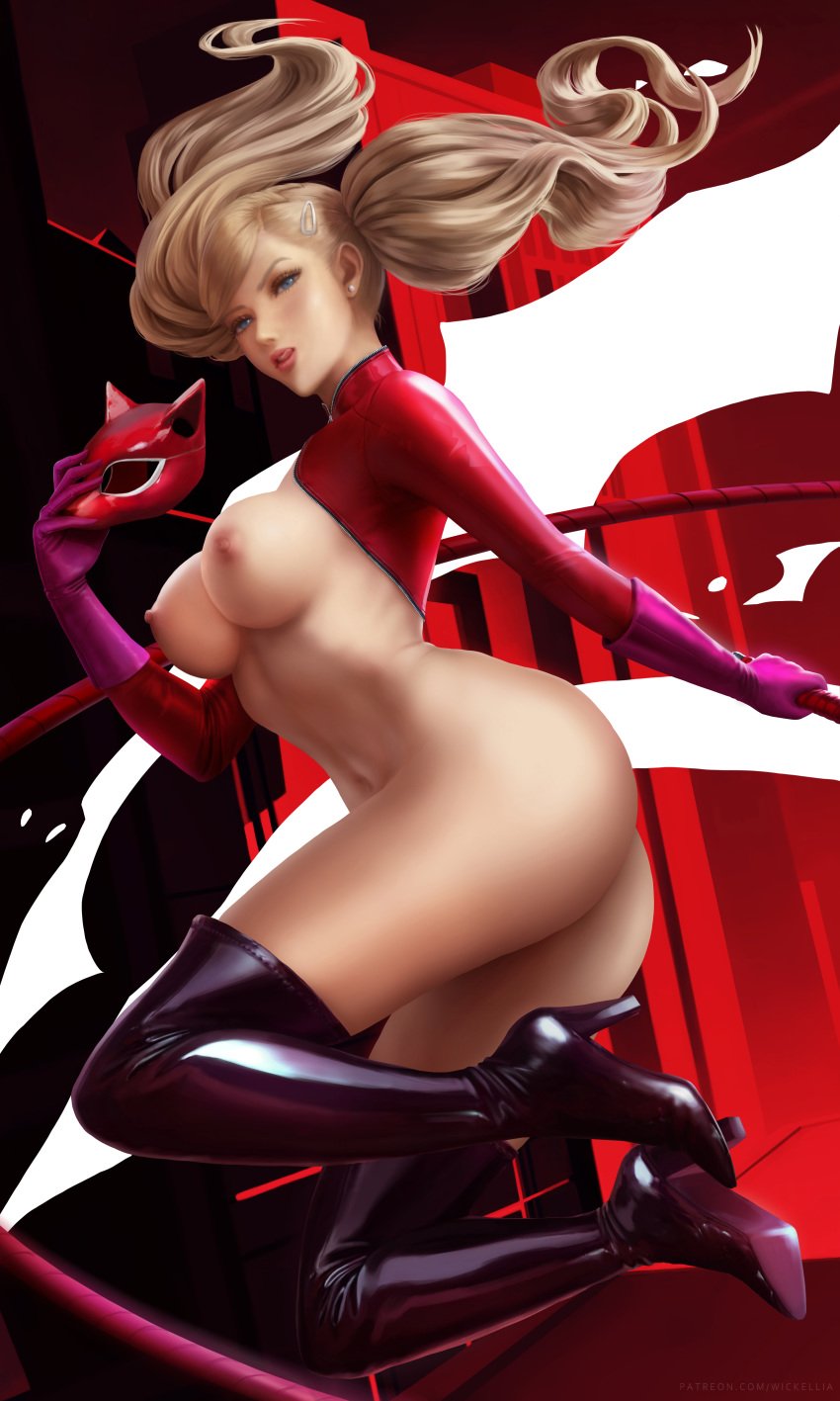 ann_takamaki armwear big_breasts blonde blonde_hair blue_eyes breasts clothing exposed_torso female functionally_nude hair_ornament hairclip heels high_heels human latex_suit legwear licking_lips long_hair nude nude_female persona persona_5 phantom_thief_suit red_suit solo thick_thighs thigh_boots thighhigh_boots toned toned_female uncensored unmasking wickellia