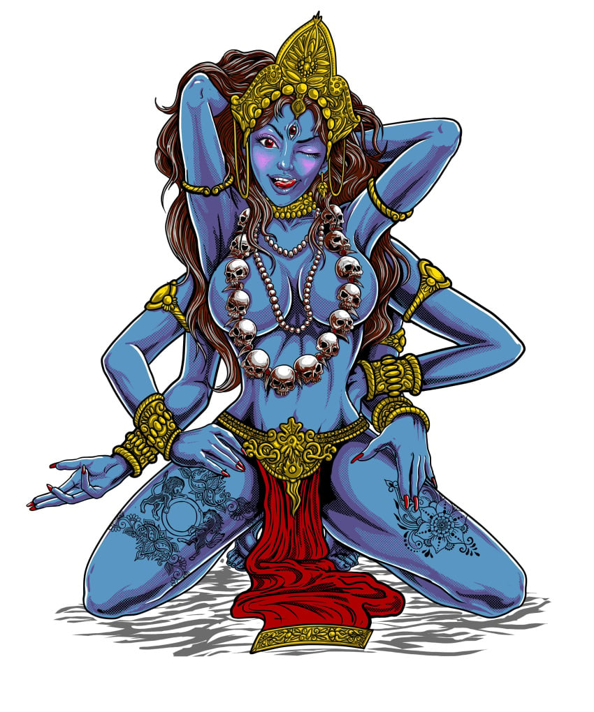 1girls 6_arms blue_skin breasts hindu_mythology hinduism kali kneeling red_eyes religion skull_necklace tasteful_nudity