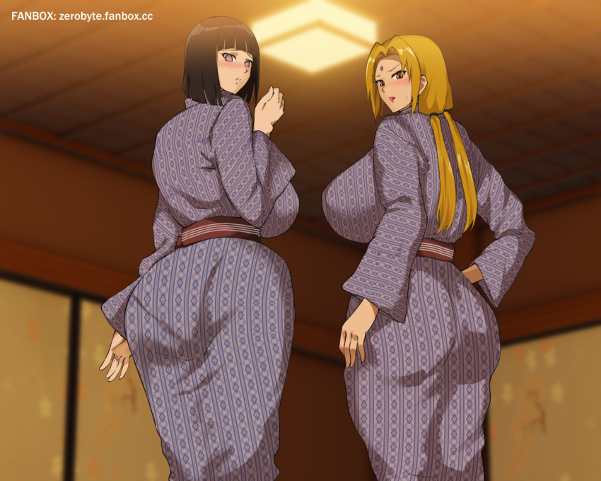 0byte 2girls alternate_breast_size bangs big_ass big_breasts black_hair blonde_hair blunt_bangs blush bob_cut boruto:_naruto_next_generations breasts breasts_bigger_than_head bubble_butt dat_ass facial_mark female female_only forehead_mark from_behind hourglass_figure huge_ass huge_breasts hyuuga_hinata indoors japanese_clothes kimono large_breasts light-skinned_female light_skin lipstick long_hair looking_at_viewer looking_back low_twintails makeup mature mature_female multiple_girls naruto naruto_(series) naruto_shippuden obi paipan pale-skinned_female pale_skin parted_bangs sash short_hair sideboob sweat sweatdrop thick_ass tied_hair tsunade twintails voluptuous yukata zero_byte