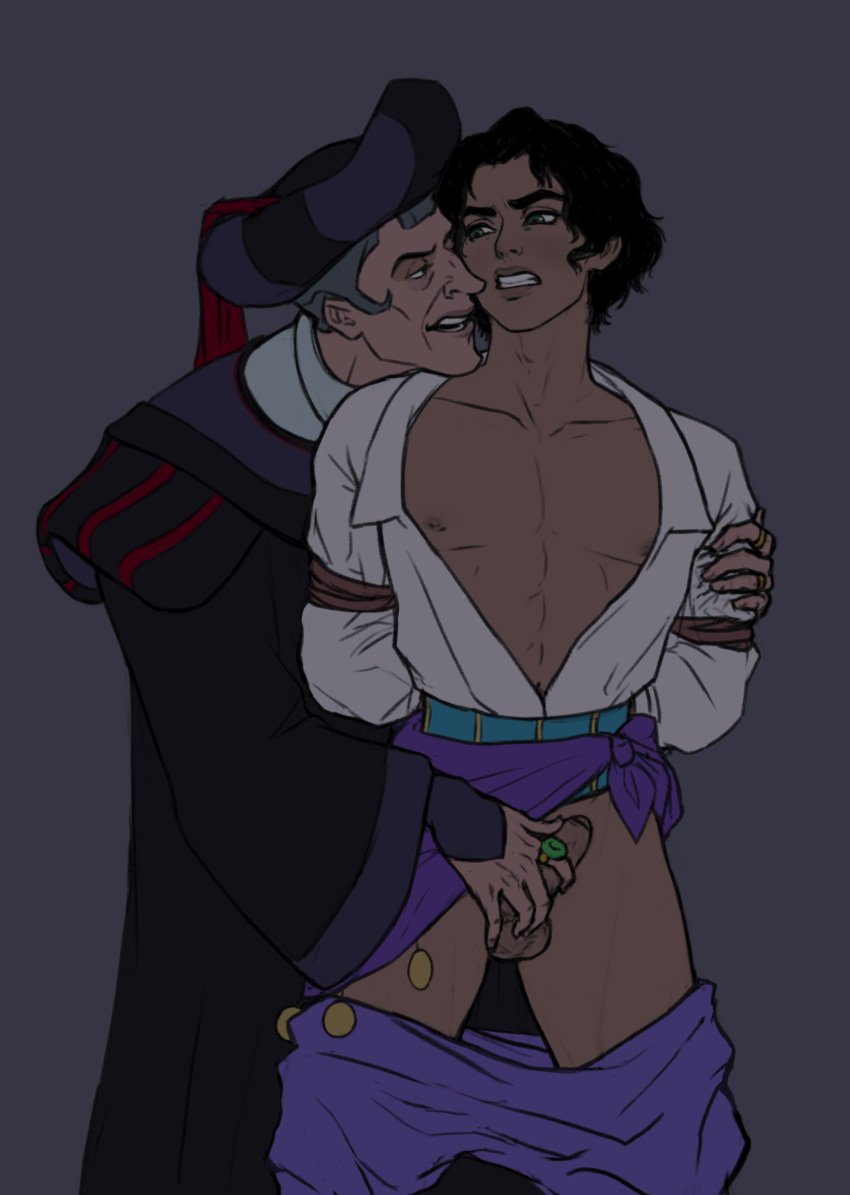 2boys arms_tied artist_request black_hair bondage boy_rape clothed_male_nude_male dark_skin disney esmeralda exposed_nipples gay genderswap_(ftm) green_eyes gypsy handjob hands_behind_back holding_penis interracial judge_claude_frollo male male_focus male_only molestation open_shirt pants_down penis penis_grab rape ring robe rope rope_bondage rule_63 the_hunchback_of_notre_dame tied_up yaoi