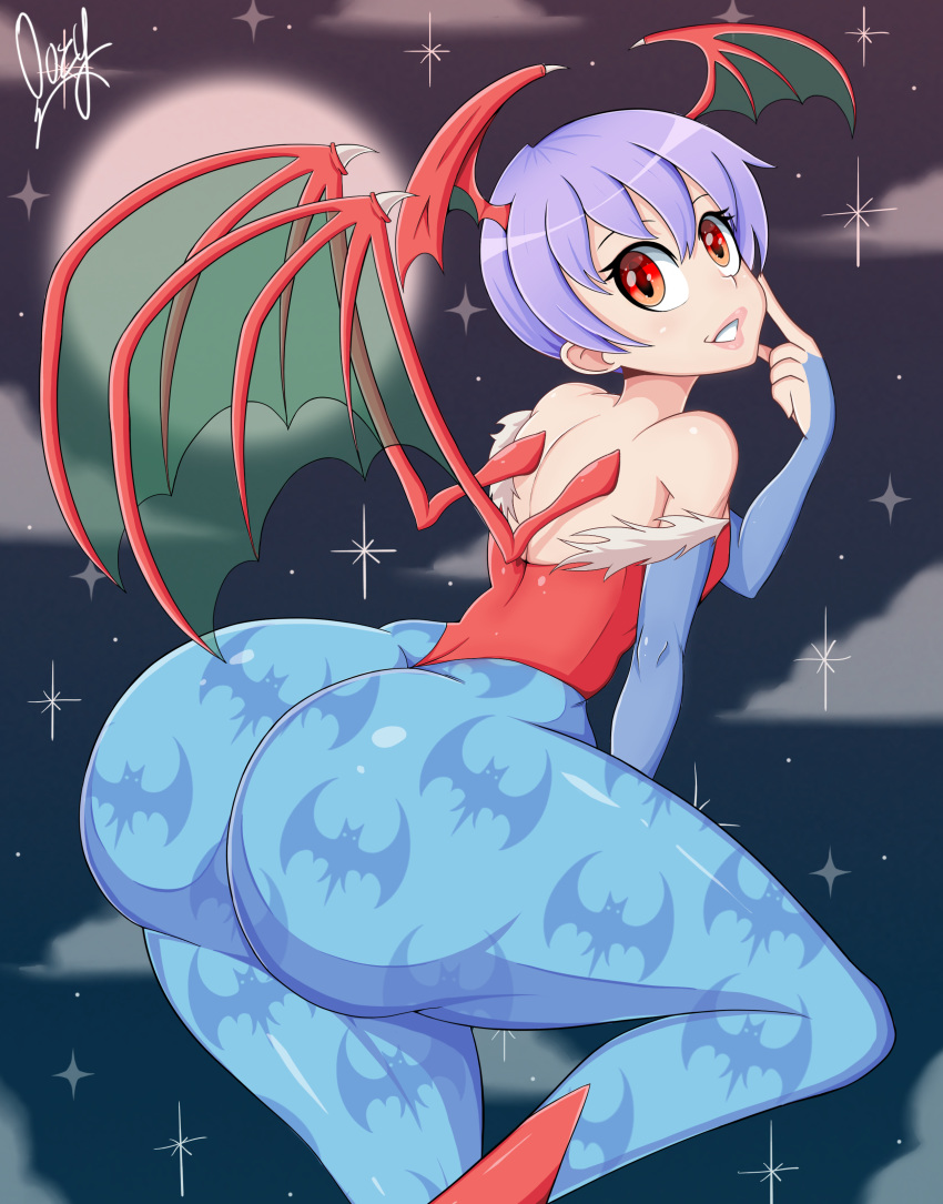 1girls ass big_ass bottom_heavy clothing darkstalkers demon_girl demon_wings eye_contact female flat_chest huge_ass large_ass lilith_aensland looking_at_viewer looking_back lordoozy massive_ass pale-skinned_female pale_skin purple_hair red_eyes short_hair succubus thick_ass thick_thighs thighs very_short_hair wide_hips wings