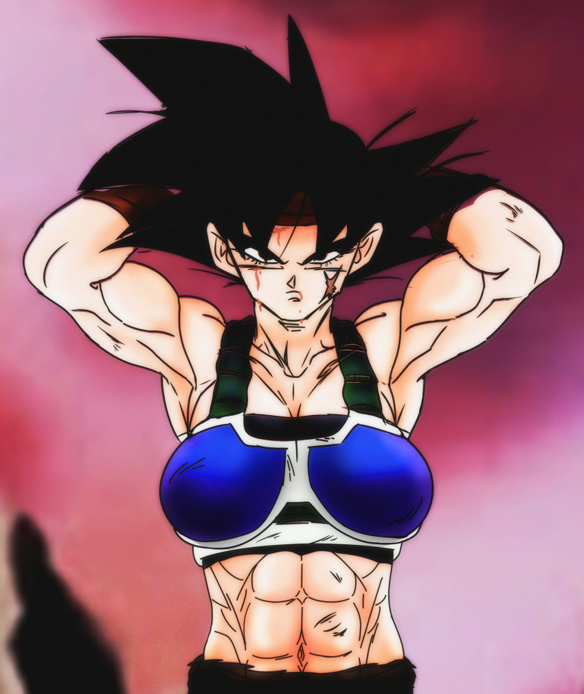 1girls abs angry armor armpits arms_up bardock belly_button big_breasts bikini_armor black_hair blood blood_dripping blood_on_face breasts bruise crop_top dragon_ball dragon_ball_z dripping_blood fanart female female_focus female_only female_solo hands_behind_head headband muscles muscular muscular_female navel nuggetmcfly red_headband red_headwear rule_63 saiyan saiyan_armor saiyan_tail scar serious shiny shiny_breasts shiny_clothes shiny_skin solo solo_female solo_focus spiky_hair tagme tail