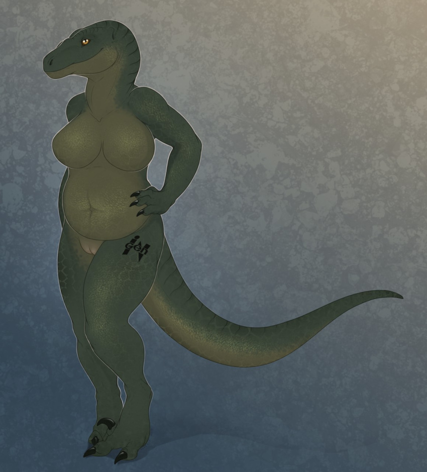 anthro breasts burgess_shale_(lucidum) claws dinosaur dromaeosaurid featureless_breasts female genitals green_body green_scales hand_on_hip hi_res jurassic_park jurassic_world non-mammal_breasts nude pussy reptile scales scalie slightly_chubby smile solo talons tattoo theropod toe_claws ulven-f universal_studios