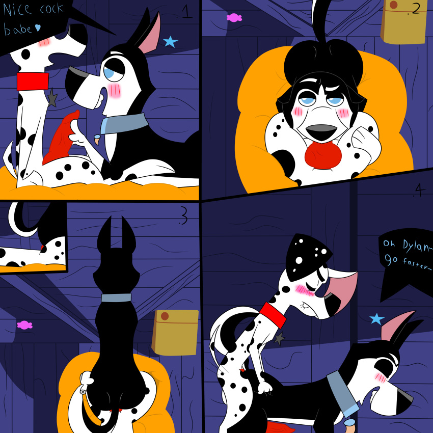 101_dalmatian_street 101_dalmatians 1:1 absurd_res anal anal_sex animal_genitalia animal_penis ass black_body black_fur black_nose blue_eyes blush canid canine canine_penis canis closed_eyes collar colossalstars comic dalmatian detailed_background disney domestic_dog duo dylan_(101_dalmatians) feral fur furry_only gay genitals hansel_(101_dalmatians) hi_res husky male male/male male_only male_penetrated male_penetrating male_penetrating_male mammal no_humans nordic_sled_dog penetration penis sex spitz spots spotted_body spotted_fur text_box wooden_floor yaoi