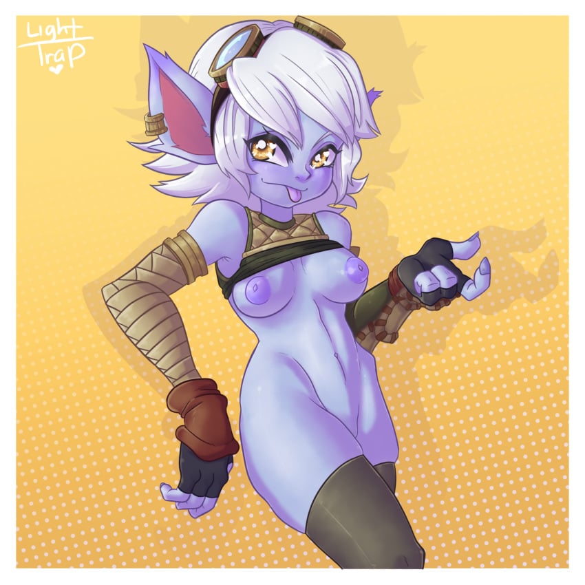 allentrap blue_body blue_skin blush border breasts clothing ear_piercing ear_ring eyewear female goggles hair hi_res humanoid humanoid_pointy_ears league_of_legends legwear lighttrap looking_at_viewer nude piercing riot_games short_hair simple_background solo tongue tongue_out tristana video_games white_border white_hair yordle