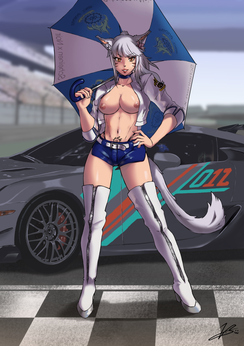 1girls abs animal_ears areola areolae breasts car cat_ears cat_girl cat_humanoid cat_tail choker cleavage commission confident cropped_jacket exposed_breasts facial_mark facial_markings female final_fantasy final_fantasy_xiv flower_in_hair high_leg_thong high_ponytail holding_umbrella hotpants leather leather_boots leather_jacket leather_pants lethe_scheinen long_hair looking_at_viewer miqo'te navel nipples open_clothes open_jacket panties_showing panties_under_shorts ponytail pubic_tattoo race_queen red_eyes short_sleeves silver_hair smile smug solo tail thigh_boots thigh_high_boots thighs tight_clothing umbrella whisker_markings white_footwear white_hair white_jacket