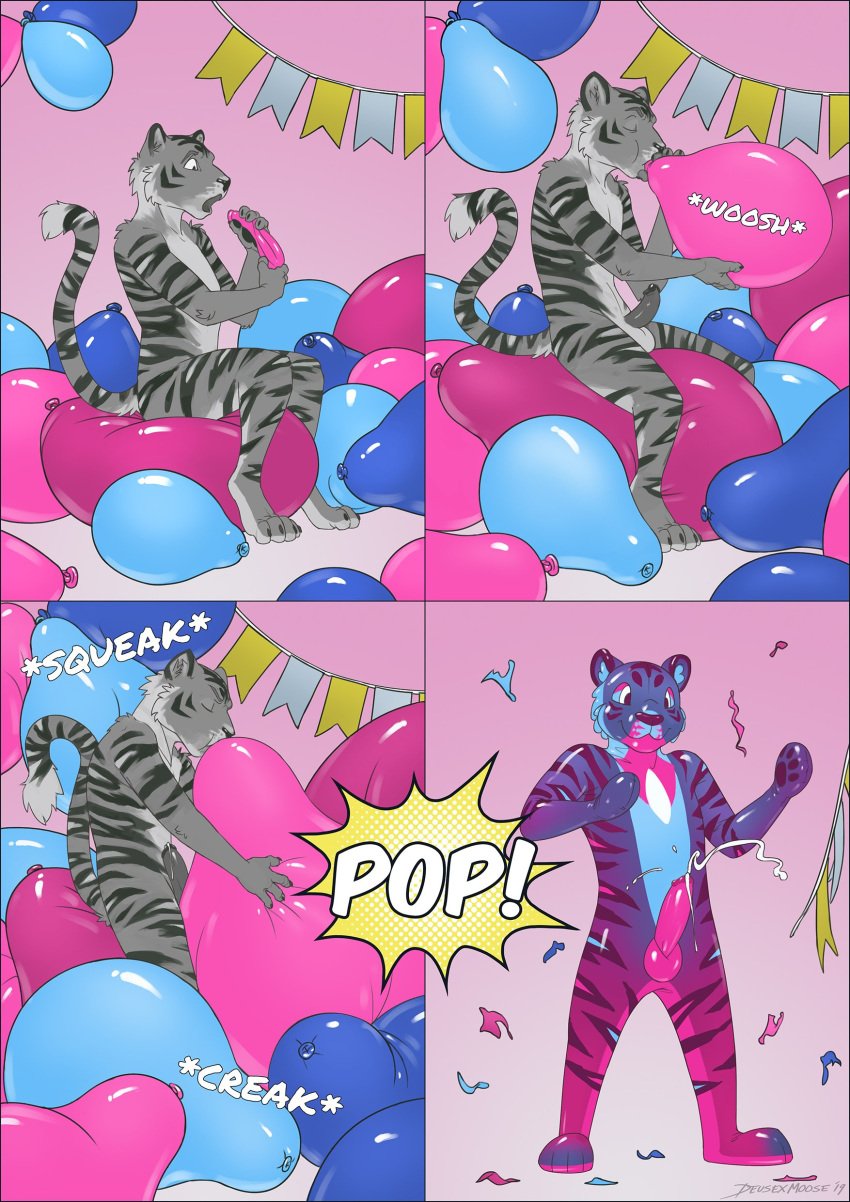 2019 absurd_res anthro balloon balloon_fetish balls bodily_fluids cum deusexmoose ejaculation erection felid furry genital_fluids genitals hi_res inflation latex_transformation male mammal nude onomatopoeia penis popping rubber solo sound_effects text transformation