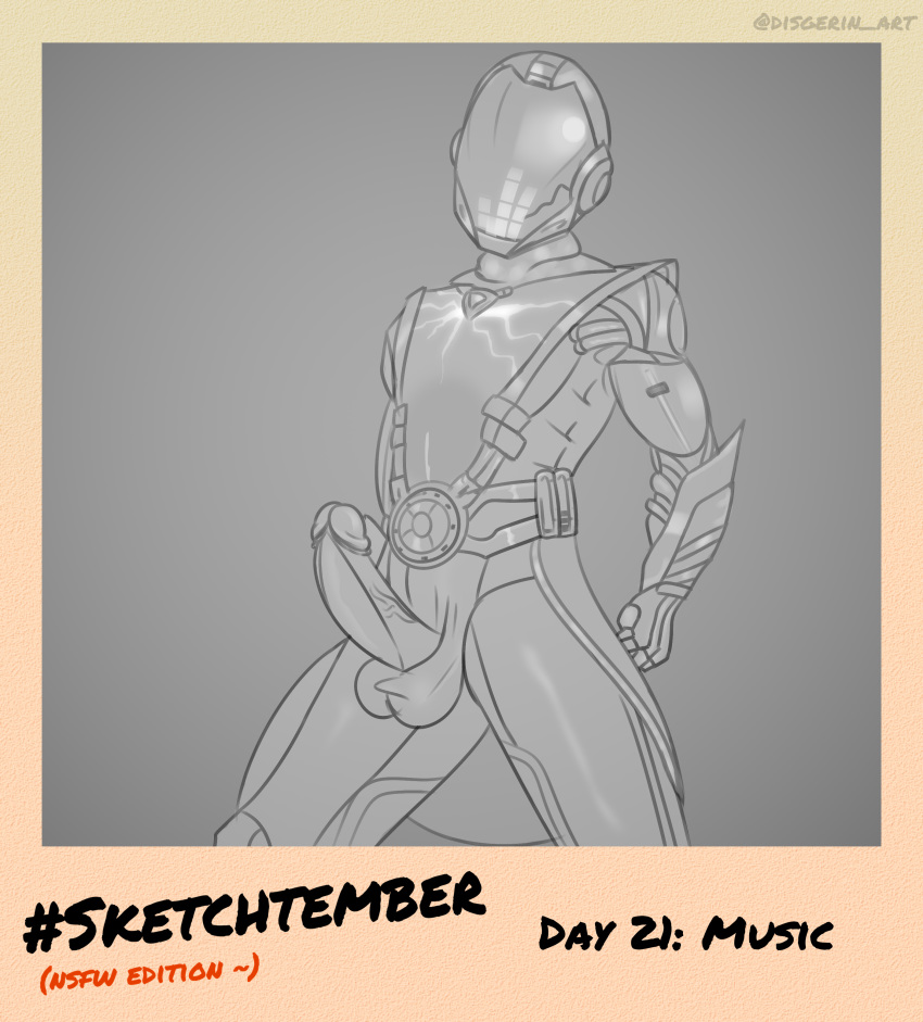 balls disgerin erection helmet highres male male_only monochrome muscular muscular_male penis ravana_(smite) robotic_arm sketch smite solo tagme testicles