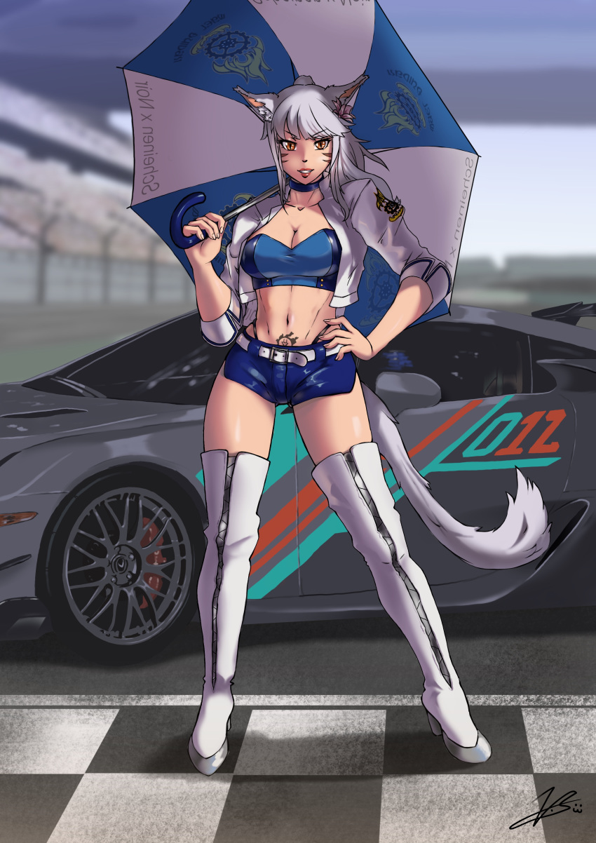 1girls abs animal_ears breasts car cat_ears cat_girl cat_humanoid cat_tail choker cleavage commission confident cropped_jacket facial_mark facial_markings female final_fantasy final_fantasy_xiv flower_in_hair high_leg_thong high_ponytail holding_umbrella hotpants leather leather_boots leather_jacket leather_pants lethe_scheinen long_hair looking_at_viewer miqo'te navel open_clothes open_jacket panties_showing panties_under_shorts ponytail pubic_tattoo race_queen red_eyes short_sleeves silver_hair smile smug solo tail thigh_boots thigh_high_boots thighs tight_clothing umbrella whisker_markings white_footwear white_hair white_jacket