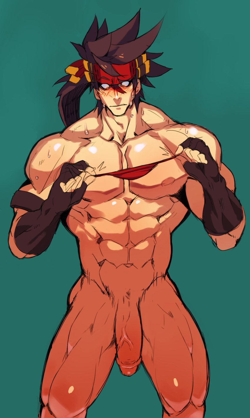 abs bara big_penis blush brown_hair clothing_too_small embarrassed fingerless_gloves flaccid flaccid_penis gloves guilty_gear headband holding_underwear male_nipples male_only muscular muscular_male na_insoo nude_male rennik sol_badguy solo_male sweat tagme underwear