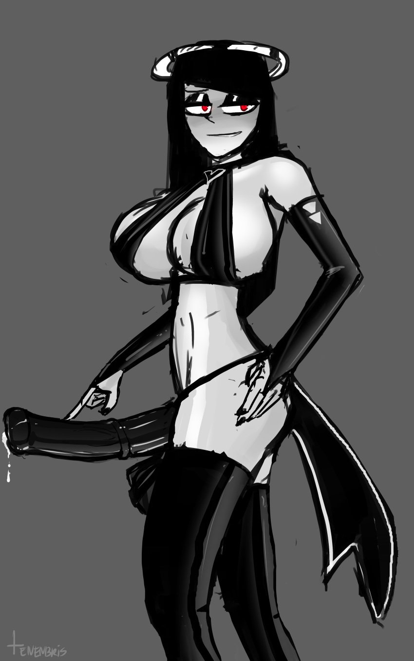 1futa balls black_hair breasts choker cleavage demon demon_girl erection eyeshadow female futanari gloves half-closed_eyes hands_on_hips horns horsecock large_breasts long_gloves monochrome panties phalia precum red_eyes side_view solo_female solo_futa tenenbris thighhighs