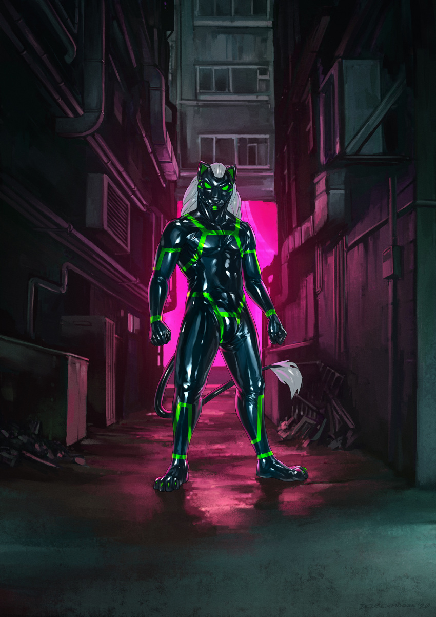 alley anthro bondage bulge detailed_background deusexmoose felid fist green_eyes hi_res looking_at_viewer male male_only mammal muscular muscular_anthro muscular_male outside plantigrade rubber solo window zelos