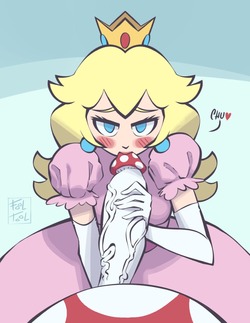 1boy 1girls big_penis blonde_hair blowjob blue_eyes crown dick dress fellatio female female_focus fool_tool interspecies kissing light-skinned_female light_blue_eyes light_skin male mario_(series) mushroom mushroom_humanoid mushroom_penis nintendo penis pink_dress princess princess_peach straight super_mario_bros. toad_(mario) unseen_male_face yellow_hair