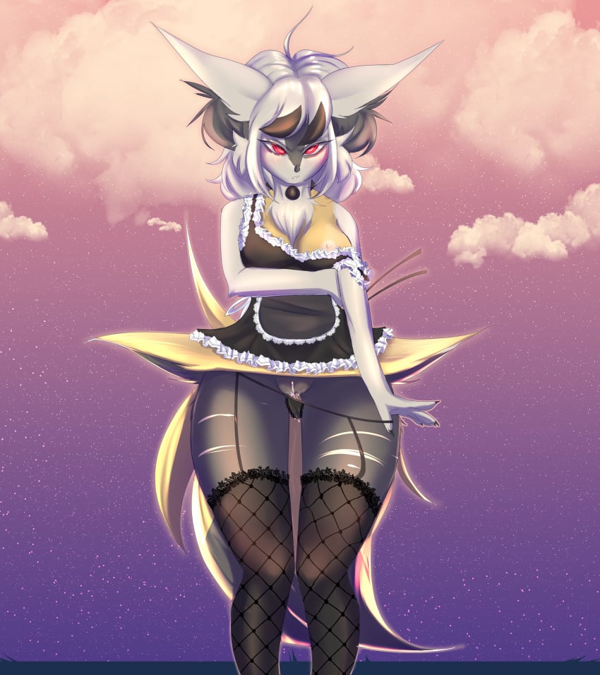 absurd_res accessory angry anthro black_clothing black_legwear black_stockings blush bodily_fluids braixen breasts canid canine clothed clothing cloud cloudy_sky detailed_background digital_media_(artwork) female fishnet fur garter genital_fluids genitals glowing glowing_eyes grumpy hair hi_res inner_ear_fluff lace lace_panties leg_garter legwear lillian_(braixen_lycanroc) long_hair looking_at_viewer lycanroc maid_apron maid_uniform mammal nintendo nipple_slip outside pokémon_(species) pokemon pokemon_(species) pussy pussy_juice scar sinnamon_roll solo stockings sunset thigh_highs tuft underwear uniform video_games wet wet_clothing wet_underwear